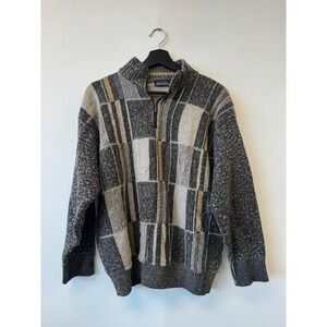 Vintage Cooper Sweater Mens Medium Gray Geometric Patchwork Knit Quarter Zip